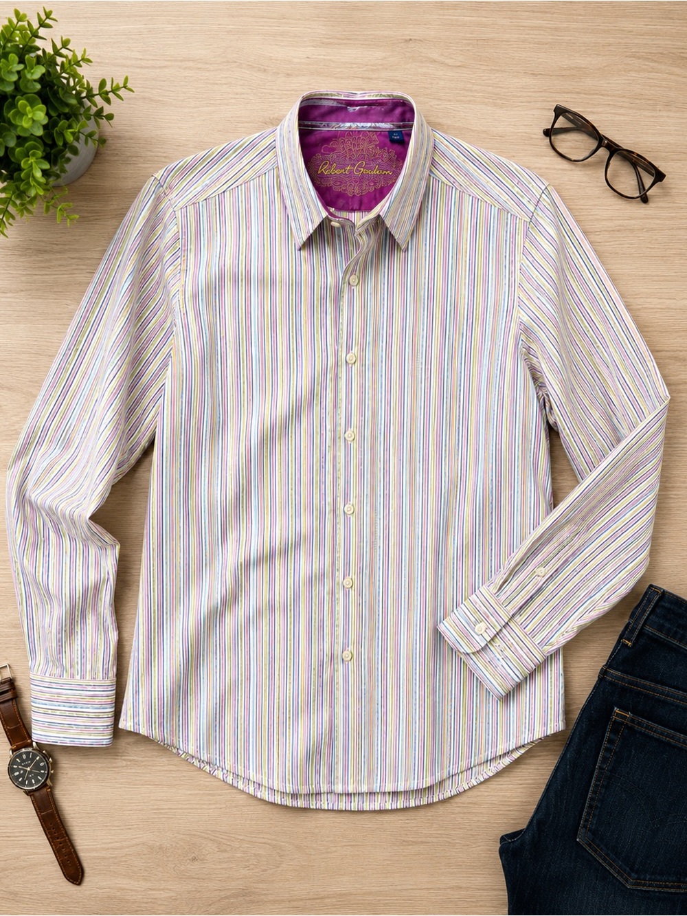 Robert Graham Multicolor Striped Button Front Dress Shirt Men’s Flip Cuff Luxury